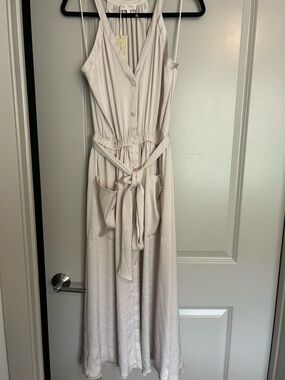 Light Beige Button-Front Maxi Dress with Tie Waist